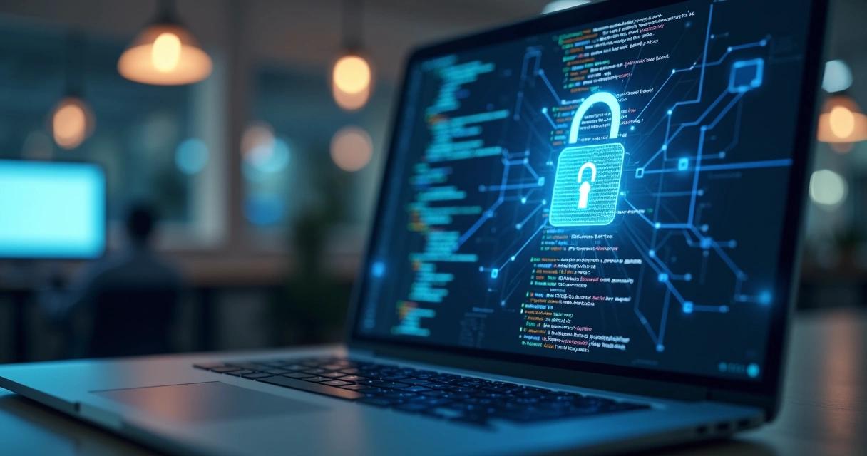 Ordinateur portable affichant du code et un cadenas, symbolisant une intrusion compromettant des systèmes pourtant protégés